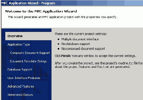 Окно мастера MFC Application Wizard